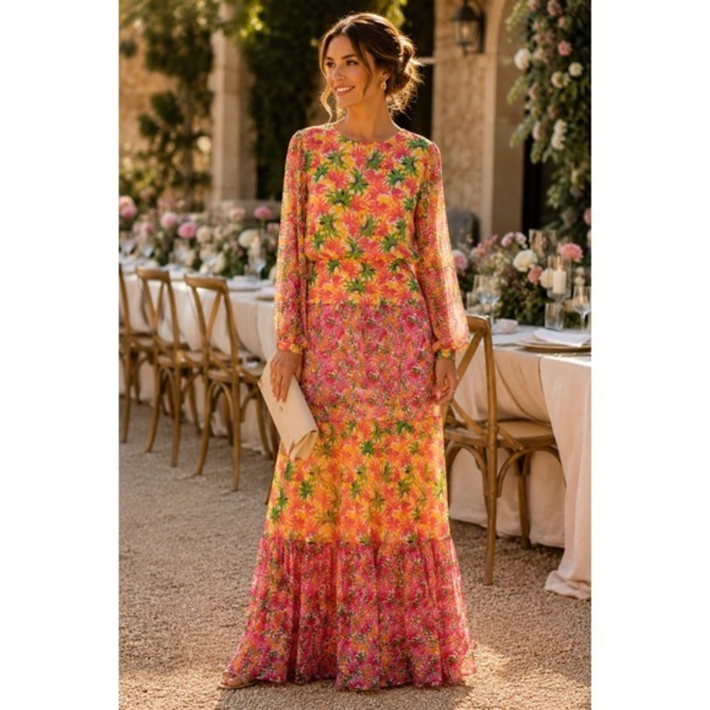 Saloni Silk Floral Tiered Maxi Dress Long Sleeve Multicolor Size 10